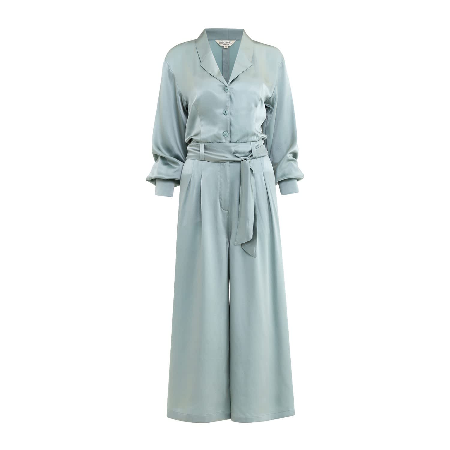 Silk Satin Long-Sleeve Button-Down Jumpsuit - Jade | Metiseko