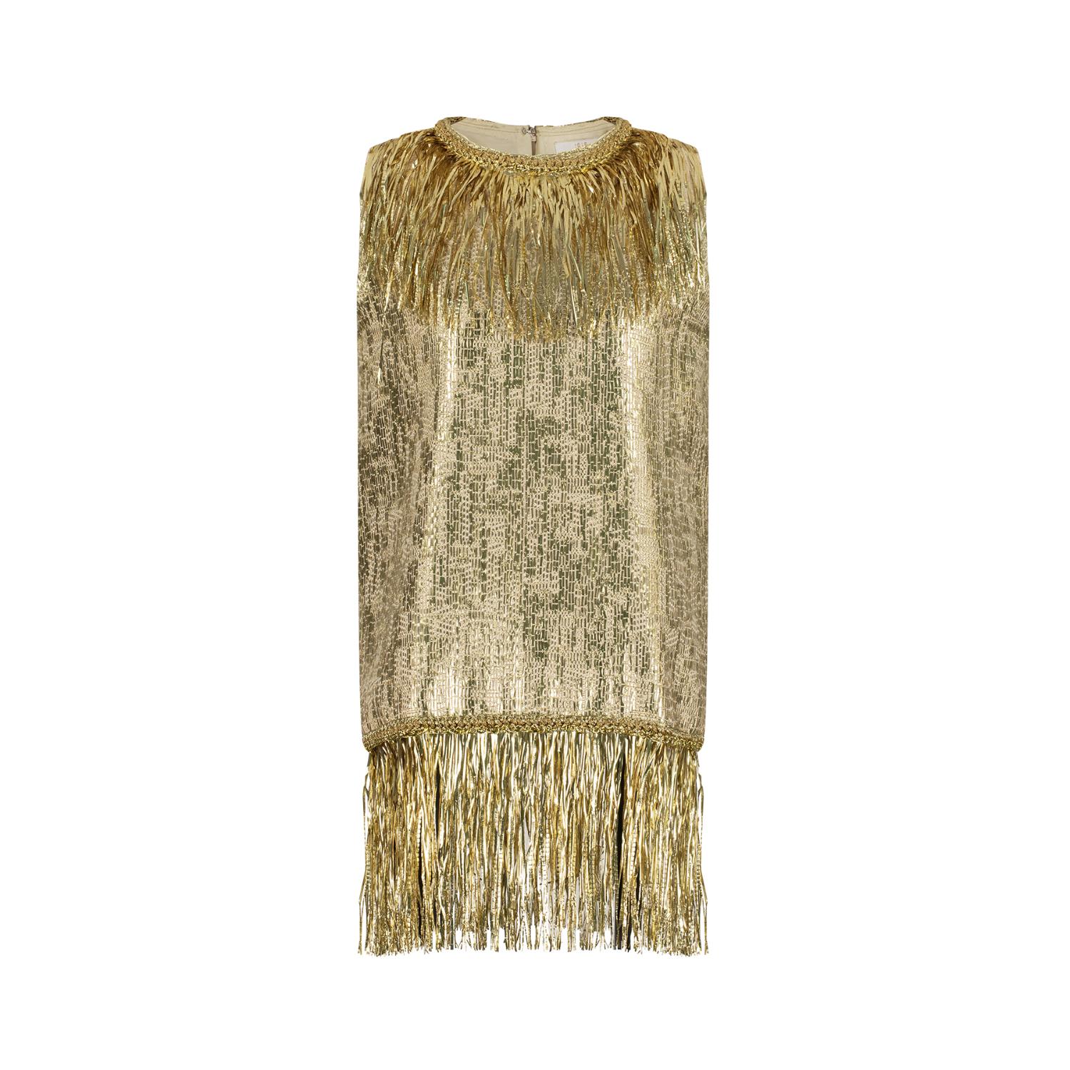 Azzalia Women's Sleeveless Hand Weaved With Metallic Strips Cream Based Dress With Tussles Around Neckline A In Gold