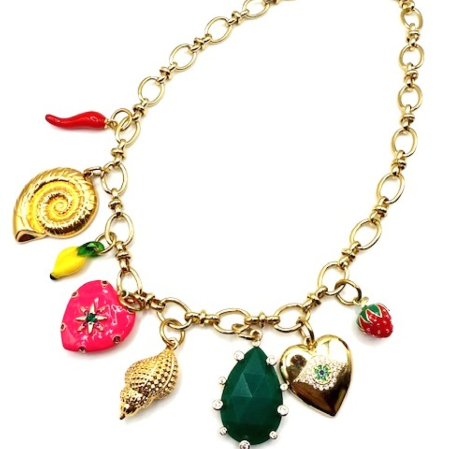 Women's Gold / Pink Bright Pink Heart Pendant & Seashell Chain Charm Necklace | Achala Handcrafted