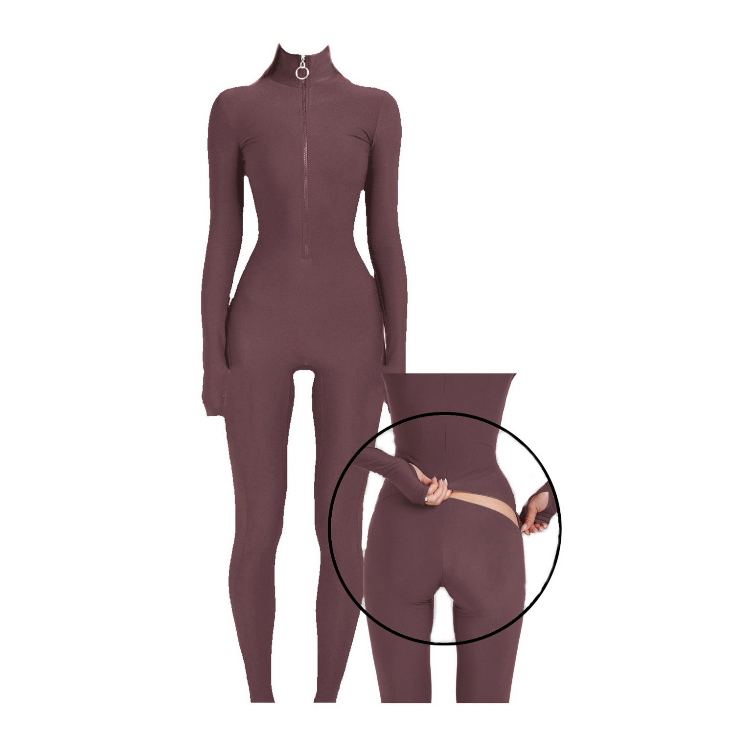 Monosuit Women's Brown Cocoa Long Sleeve Turtleneck Zip Up Full Bodysuit Total Zipper In Brown