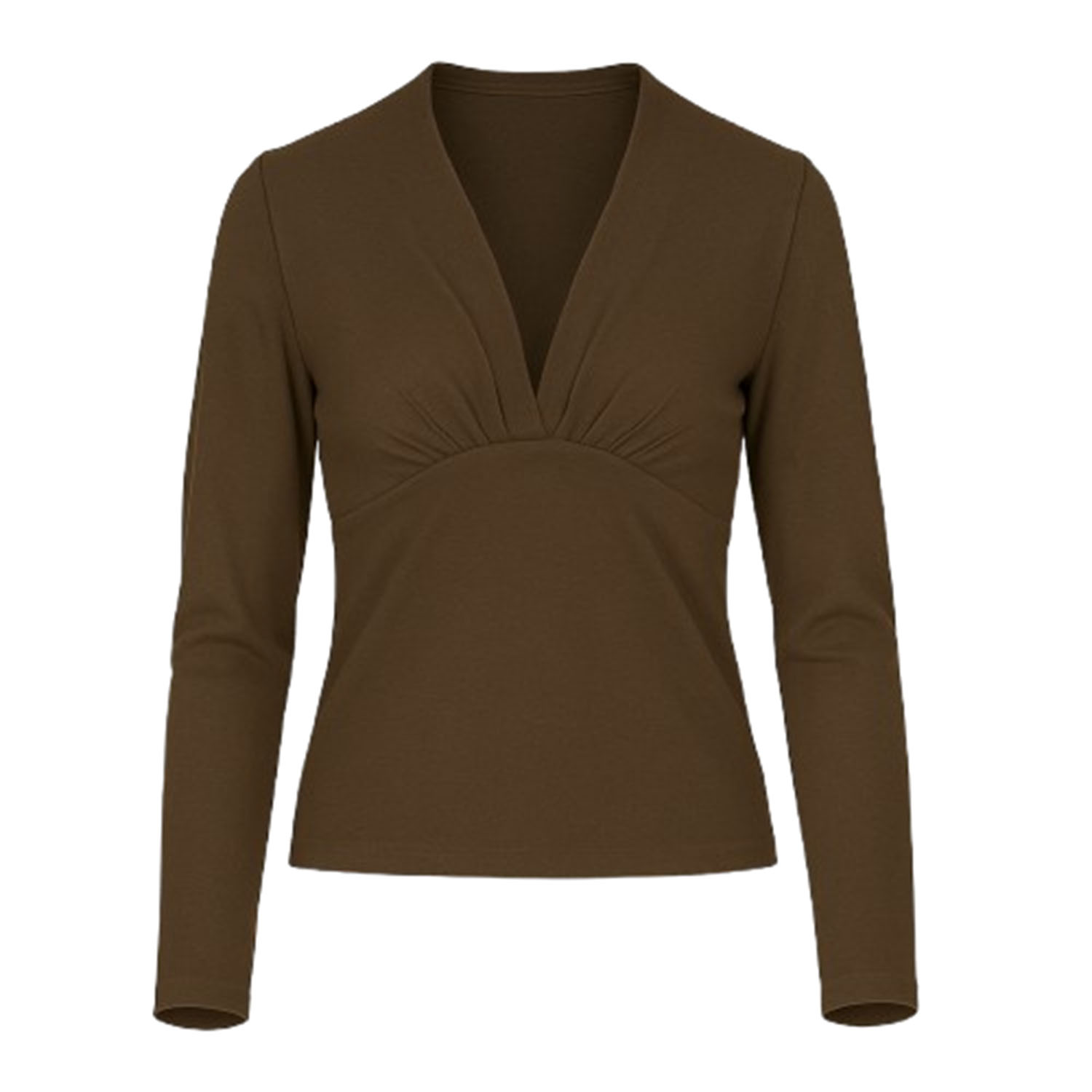 Conquista Women's Brown Seal Long Sleeve Faux Wrap Top In Stretch Jersey Sustainable Fabric