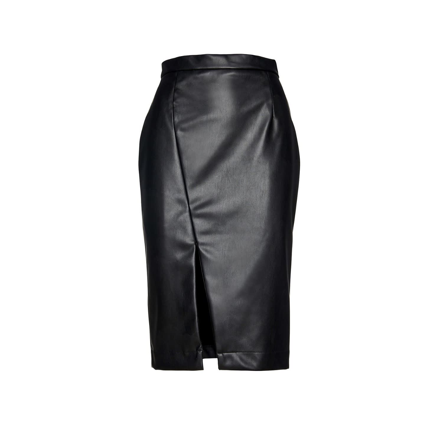 Black Faux Leather Pencil Skirt Front Slit | Conquista | Wolf & Badger