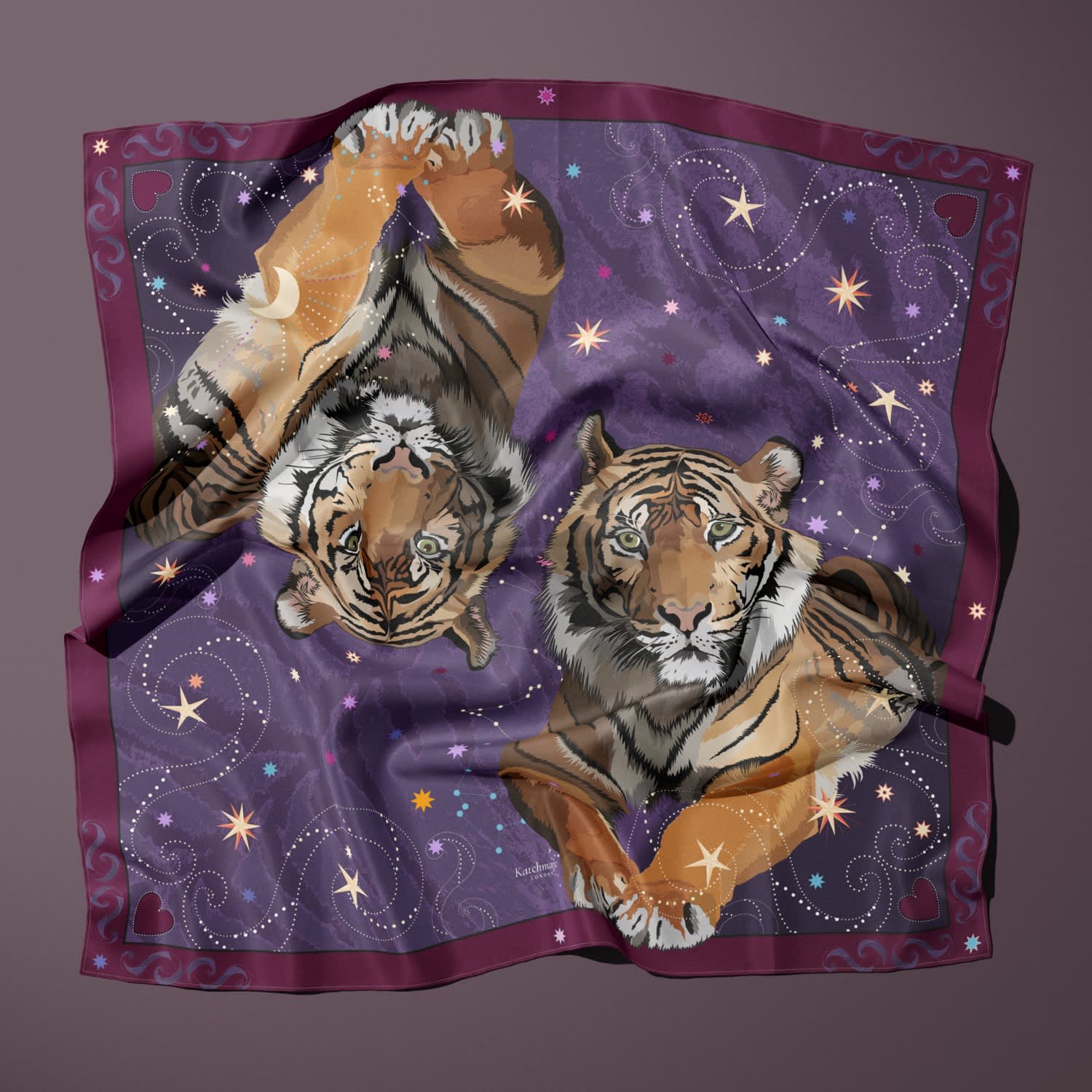 Wild Majesty Classic Silk Scarf With Illustrated Tigers | Lamberty