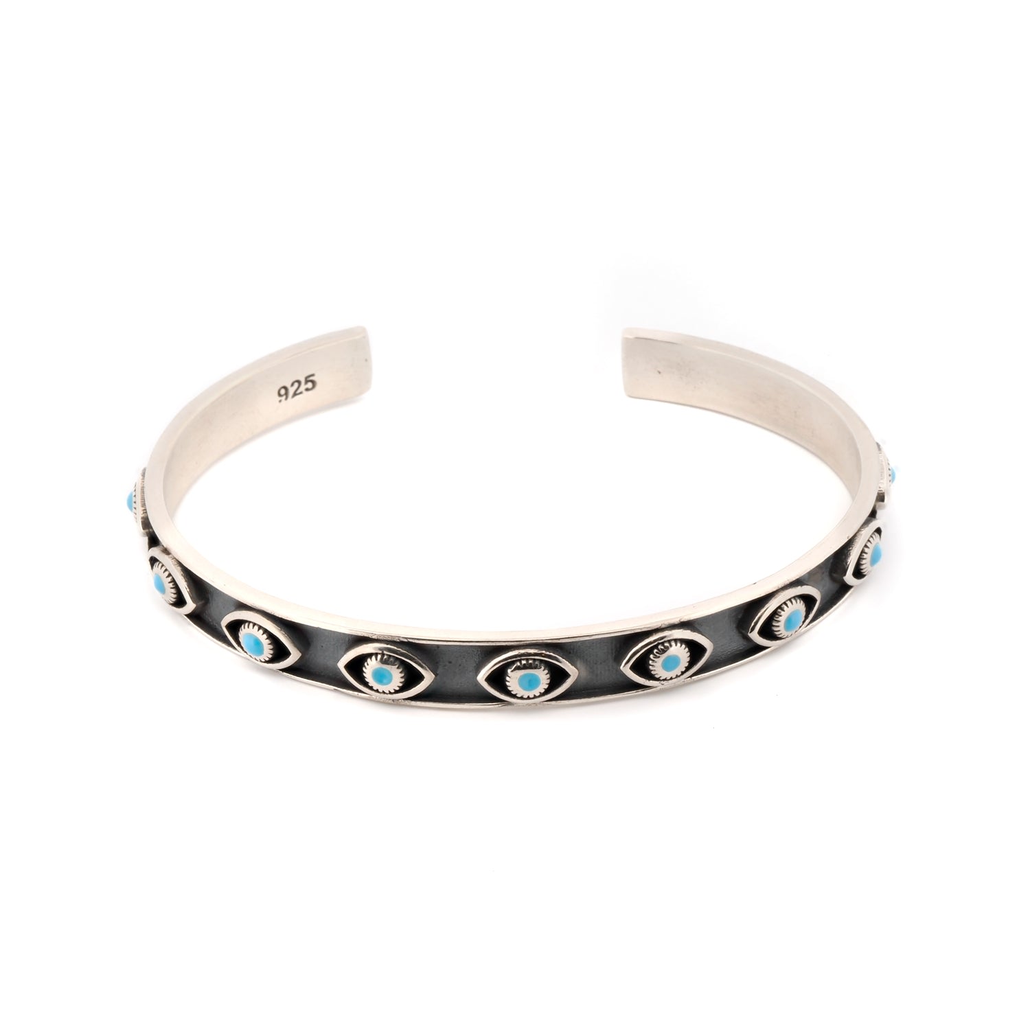 Men’s Blue / Silver Sterling Silver Turquoise Evil Eye Cuff Bracelet - Turquoise Ebru Jewelry