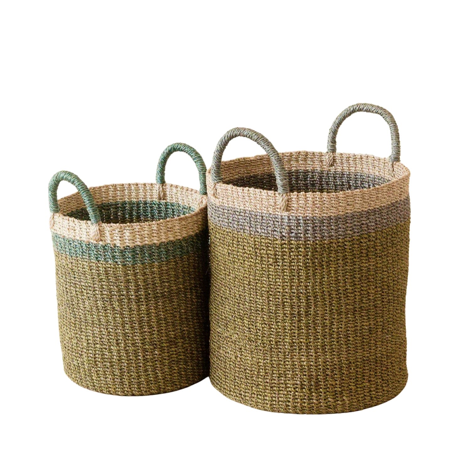 Green / Grey Olive Baskets With Handle Set Of Two - Natural Baskets Likh