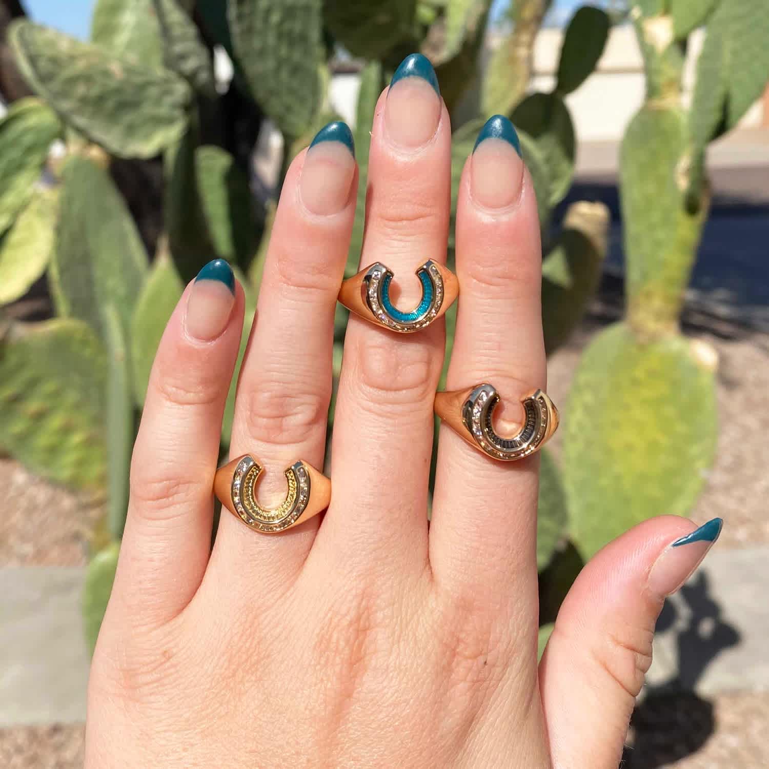 Good Fortune Horseshoe Signet Ring- Teal | Glamrocks Jewelry