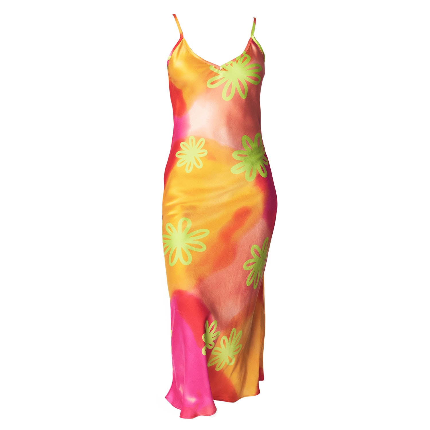 Roy G. Women's Pink / Purple / Yellow Floral Watercolor Silk Slip Midi Dress In Pink/purple/yellow