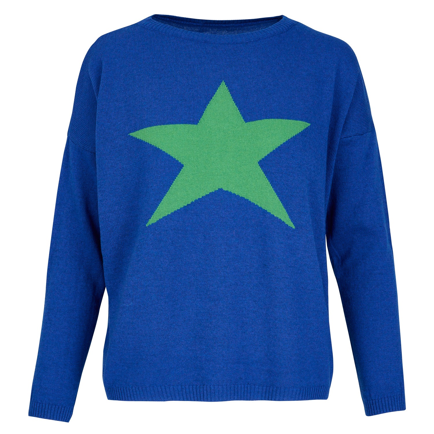 Women’s Cashmere Mix Sweater In Royal Blue With Green Star One Size At Last...