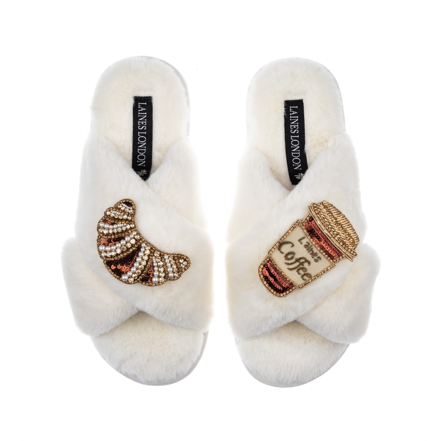 Laines London Women's White Classic Laines Slippers With Coffee Cup & Croissant Brooches - Cream In White