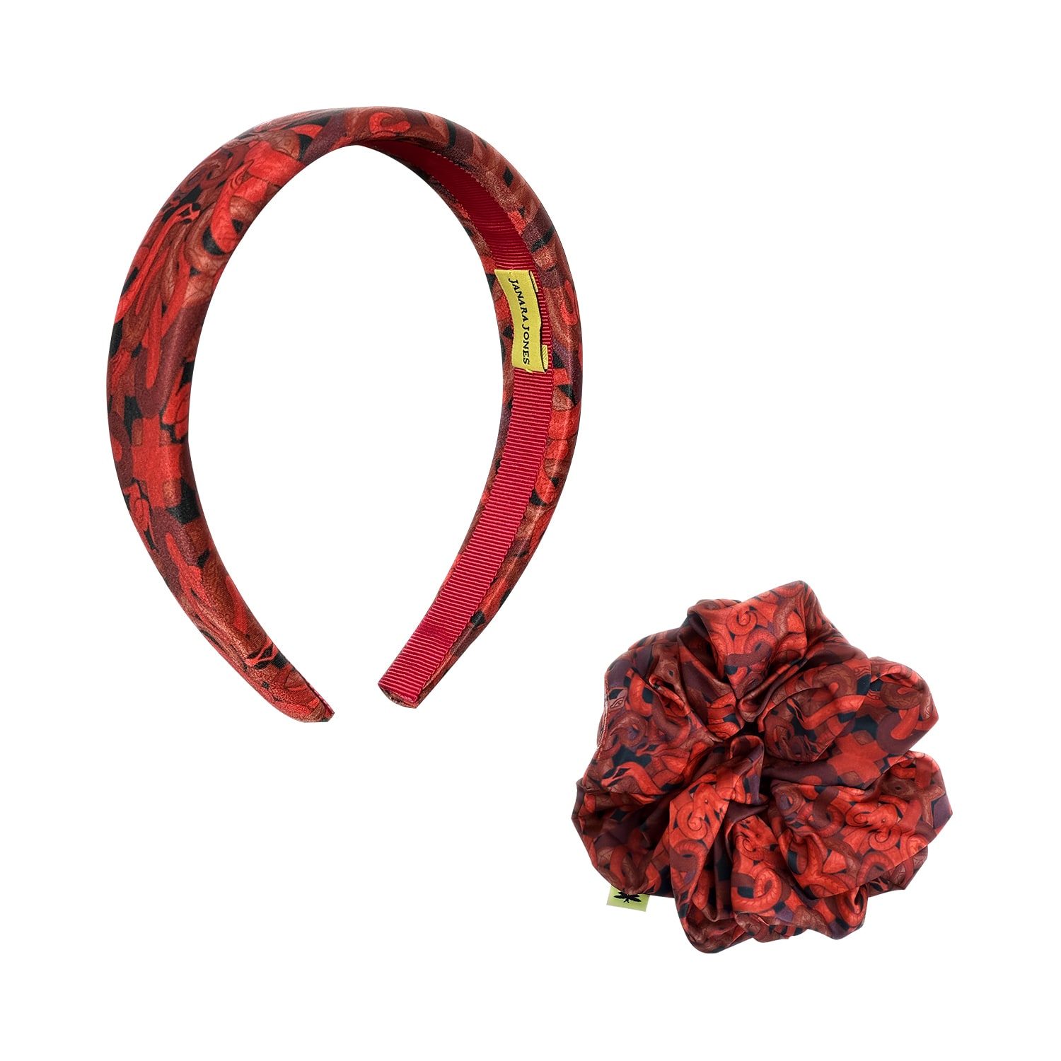 Janara Jones Women's Red Snakes Print Satin Headband And Scrunchie Set In Red