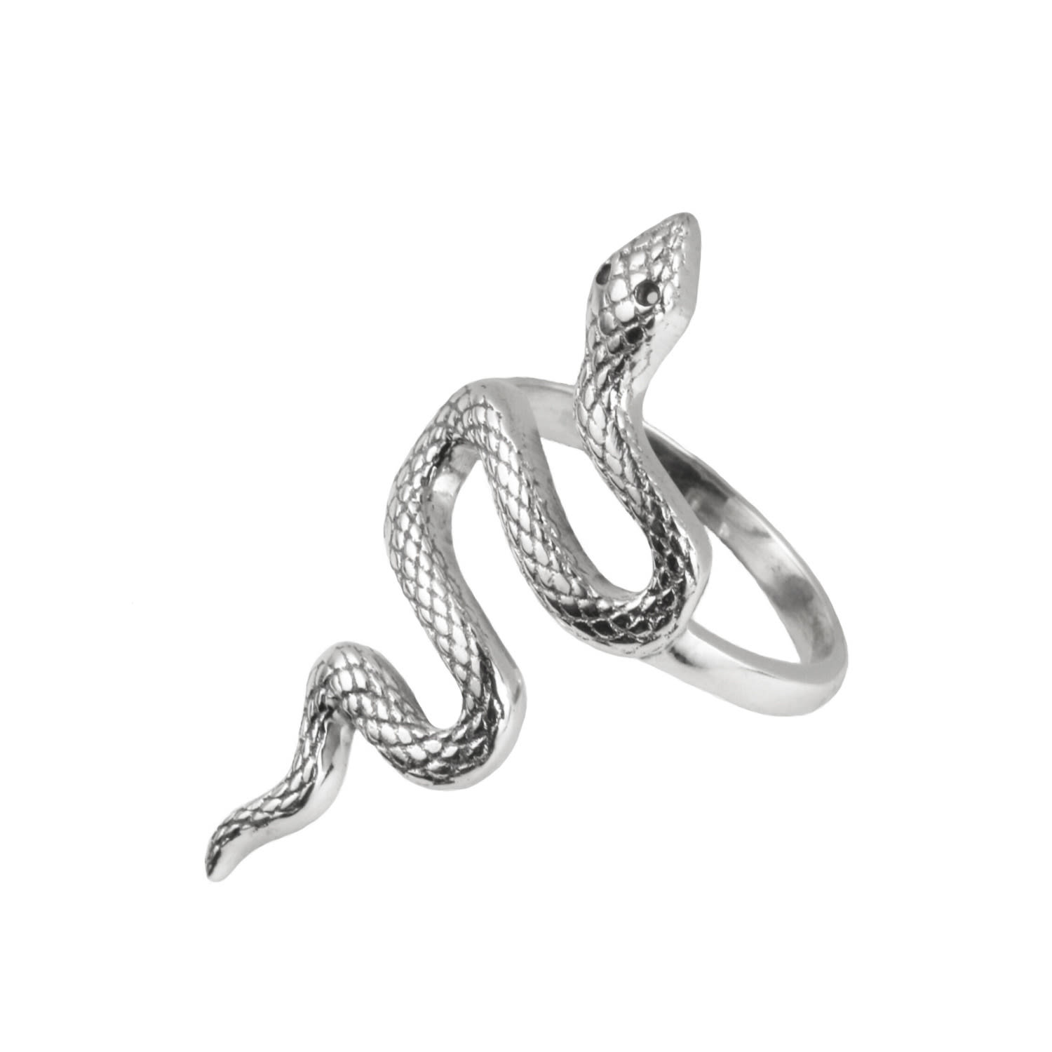 The Jewellery Store London Women's Detailed Snake Ring In Sterling Silver With Black Spinels