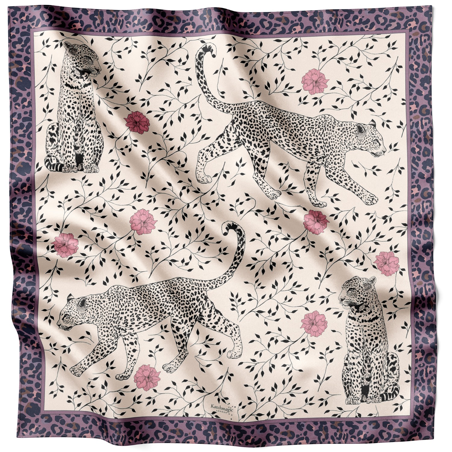 Katchmagic London X Lamberty Munich Women's Neutrals / Pink / Purple Leopard Walks Original Silk Scarf In Pink/purple