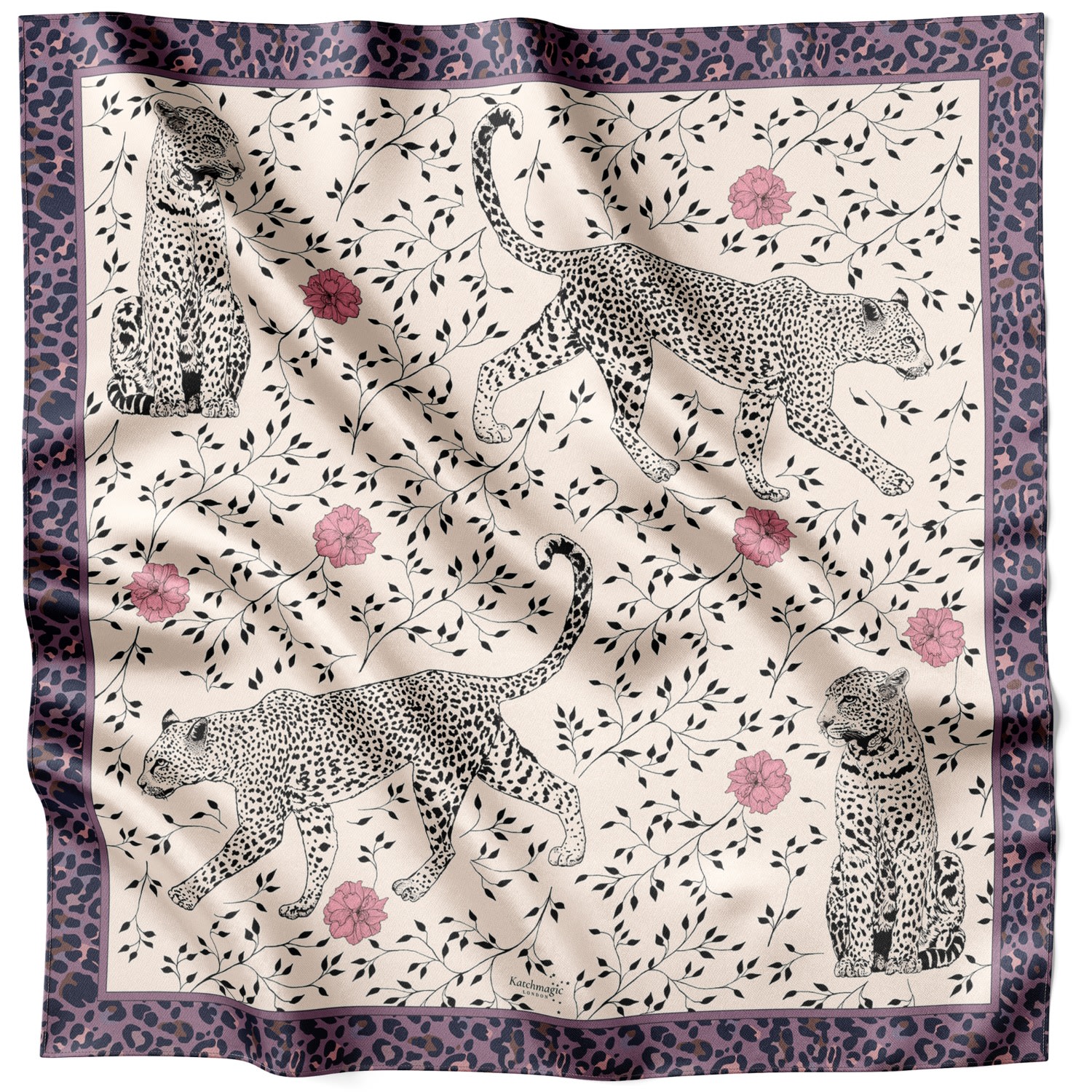 Women’s Neutrals / Pink / Purple Leopard Walks Silk Scarf One Size Katchmagic London X Lamberty Munich