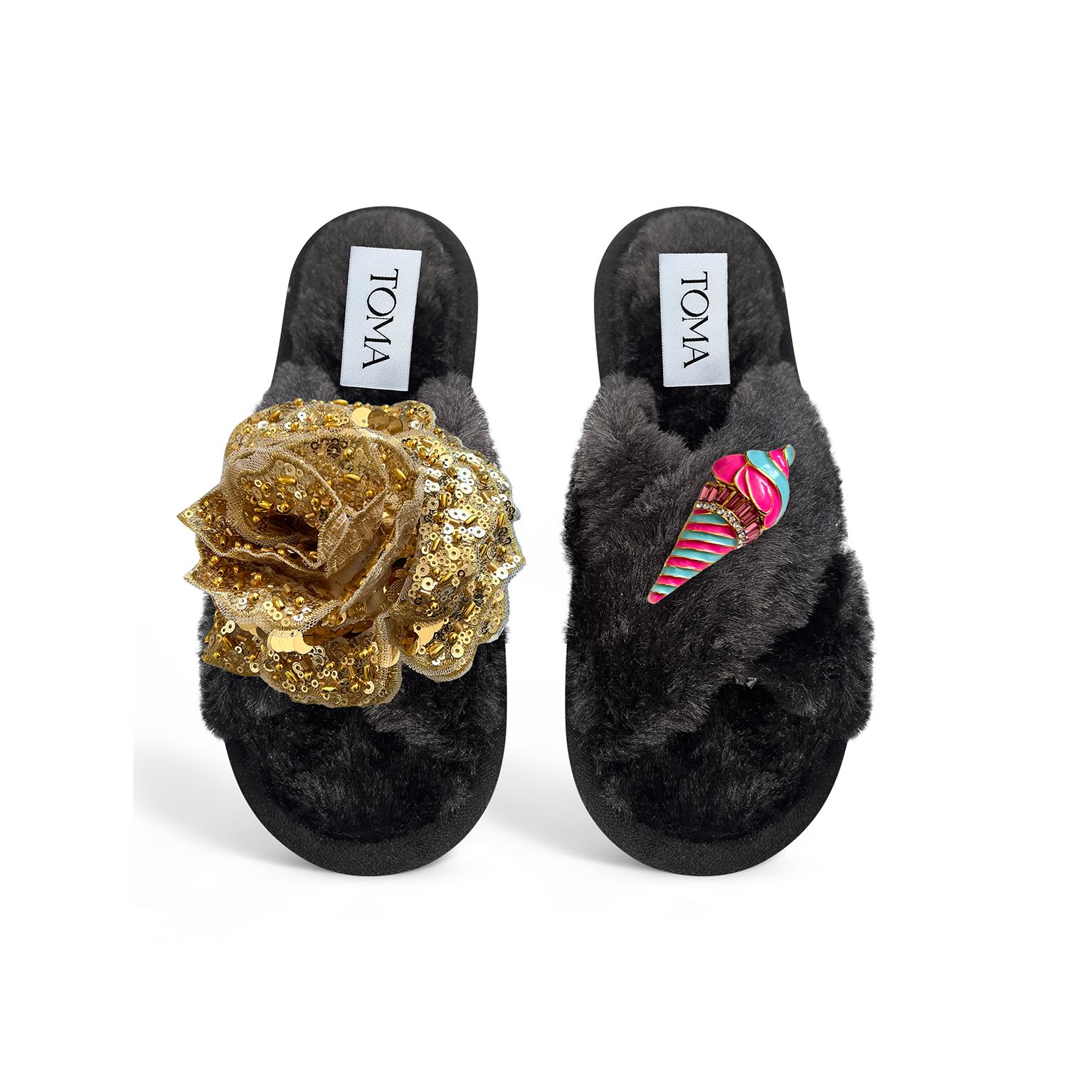 Toma Women's Classic  Open Toe Gold Sequin Flower And Candy Ice Cream Black Slippers In Black