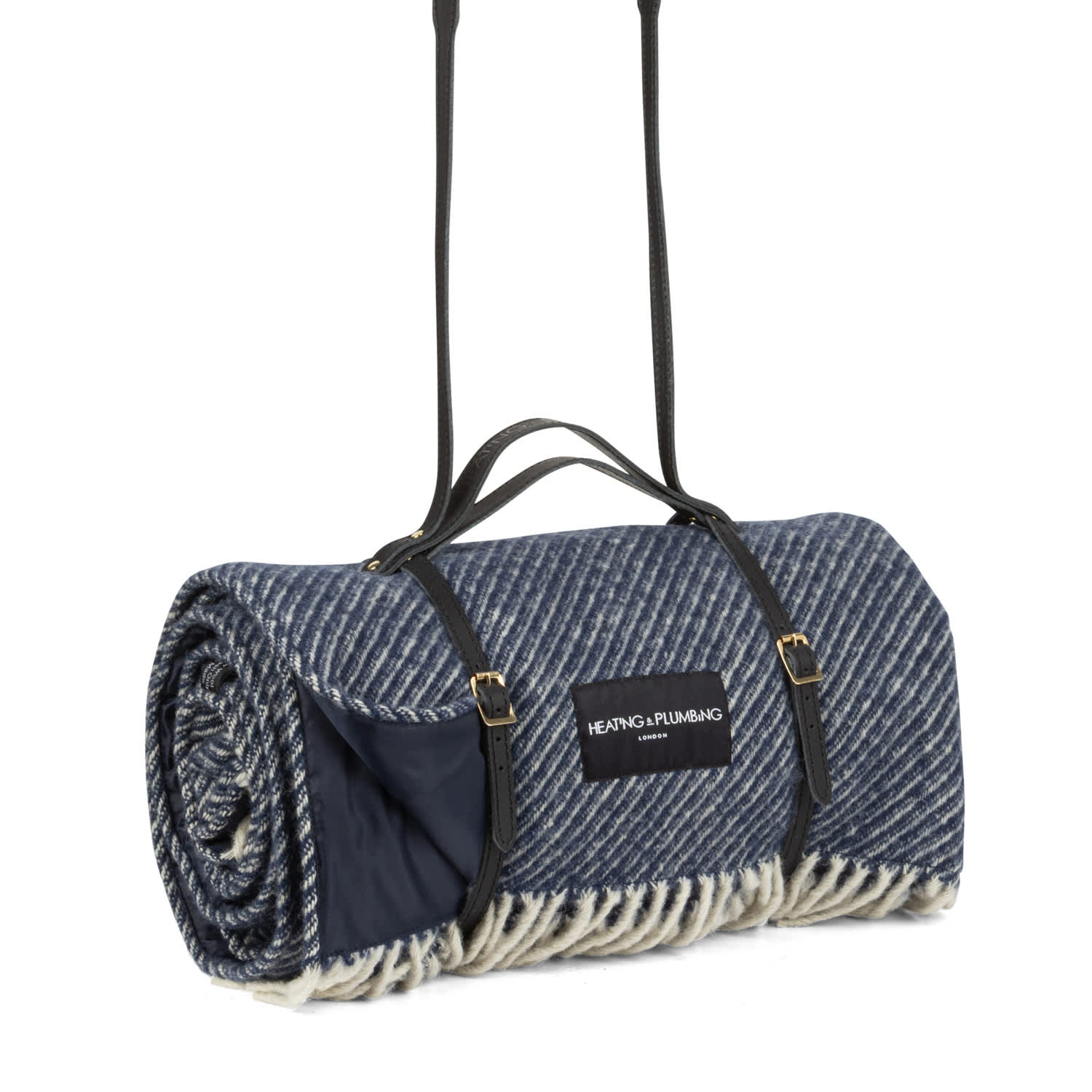 Heating & Plumbing London Blue Pure New Wool Picnic Blanket - The Yacht Club - Long Black Strap In Blue