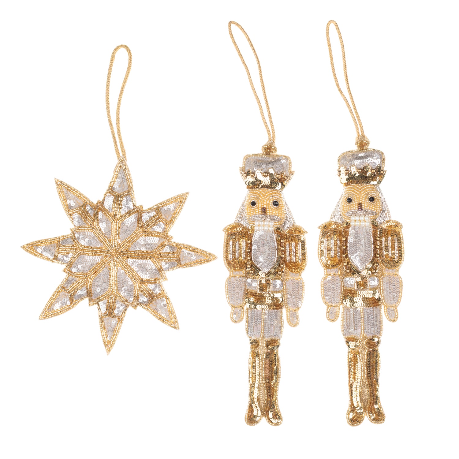 Laines London Gold / Silver Set Of 3 Extra Large Christmas Gold & Silver Nutcracker & Star Decorations In Gold