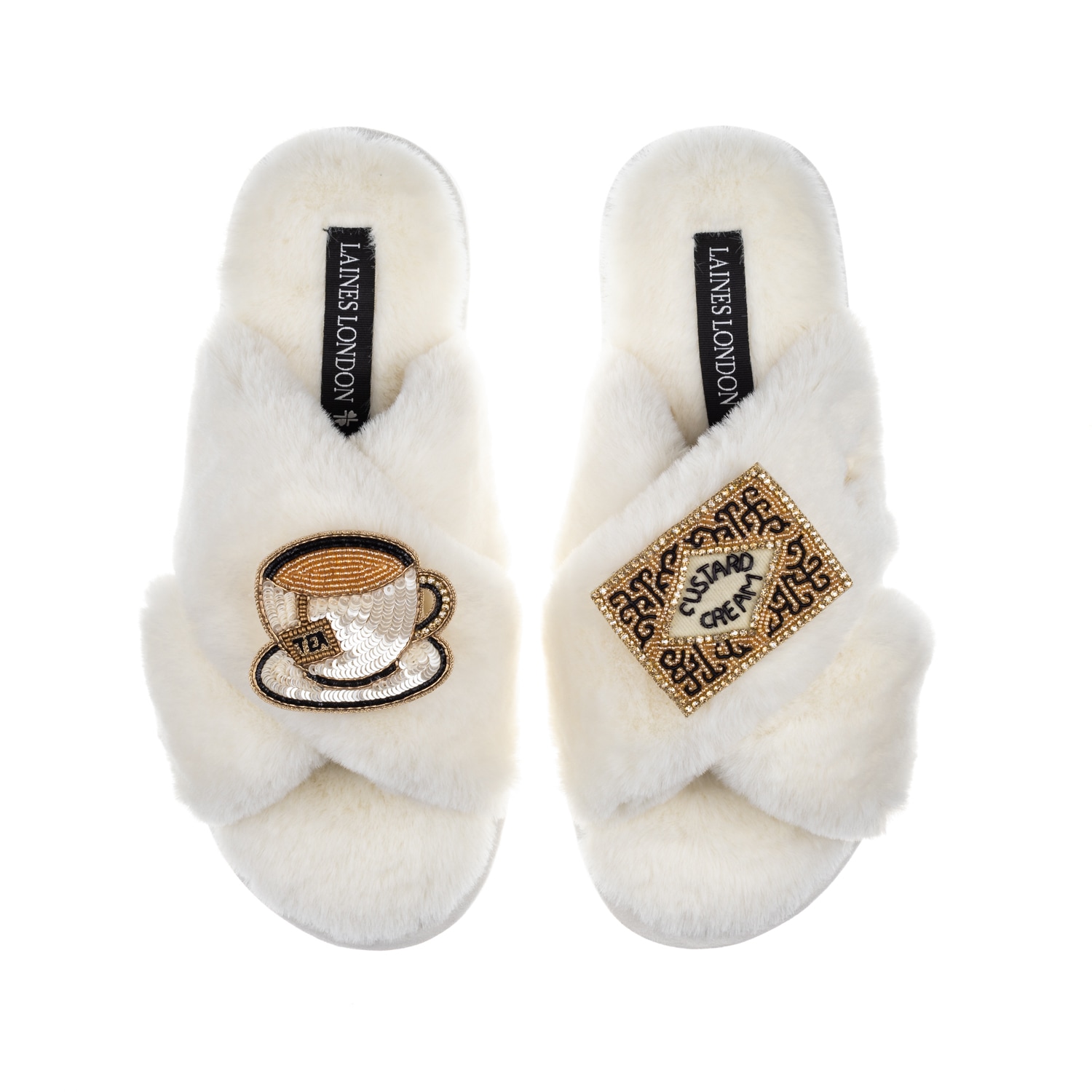 Women's White Classic Laines Slippers With Tea & Biscuit Brooches - Cream | Medium | Laines London