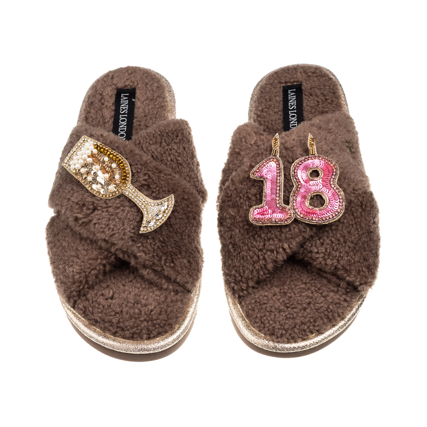 Women’s Brown / Neutrals Laines Neutral Boucle Slippers With 18Th Birthday & Champers Brooches – Mink | Large | Laines London