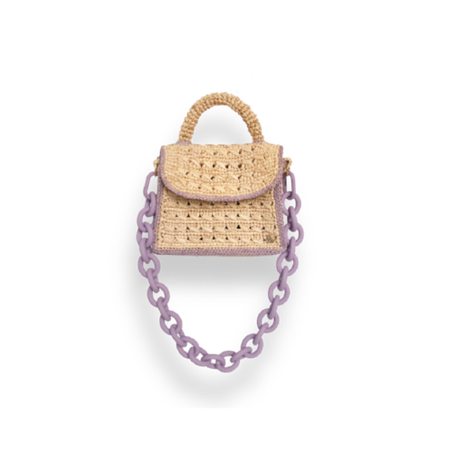 Women’s Neutrals / Pink / Purple Mini Raffia Bag Felicie With Metallic Chain & Crocheted Strap - Natural & Lavender Sanabay Paris