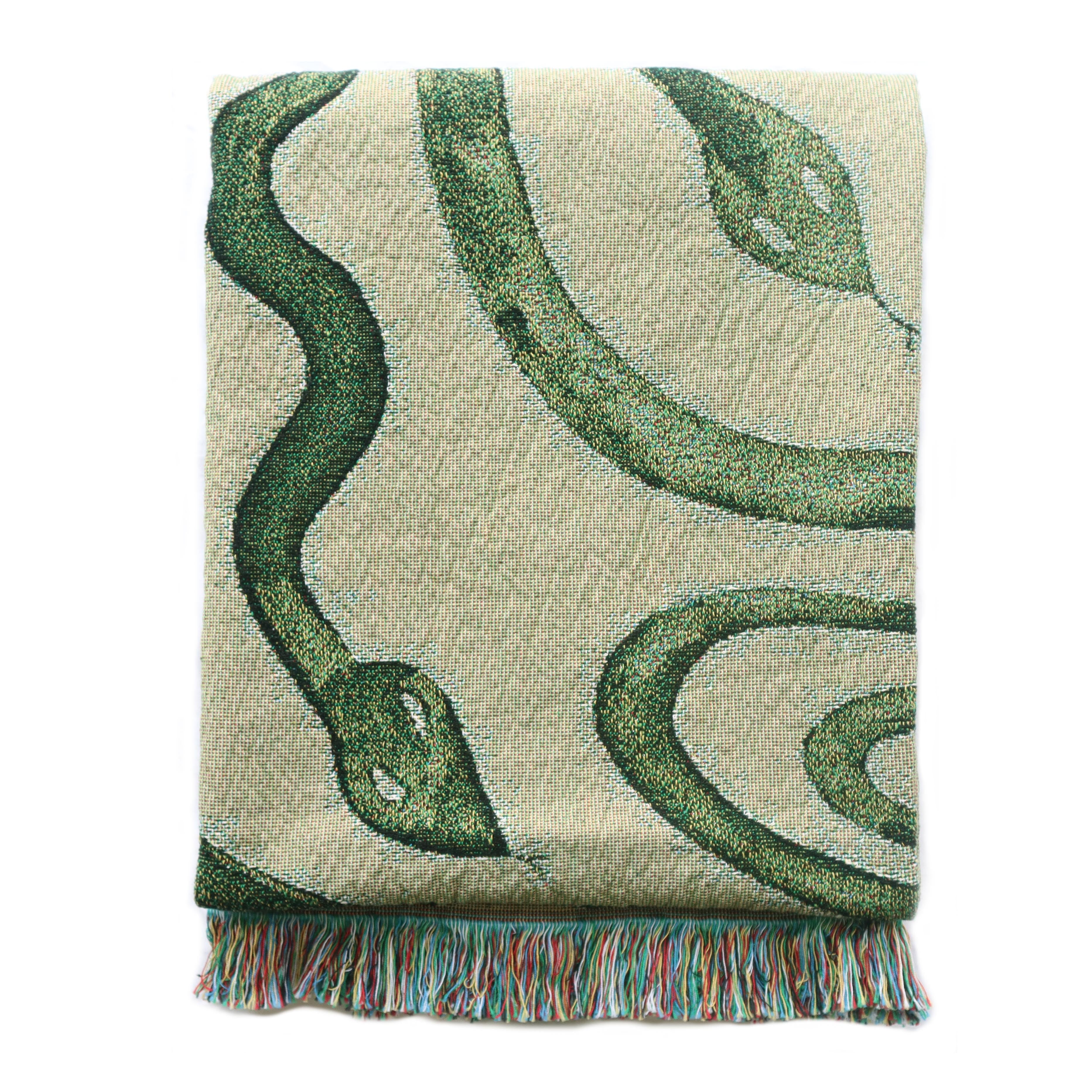 Rosanna Corfe White / Green / Neutrals Snakes Woven Throw - Green, Neutrals, White In White/green