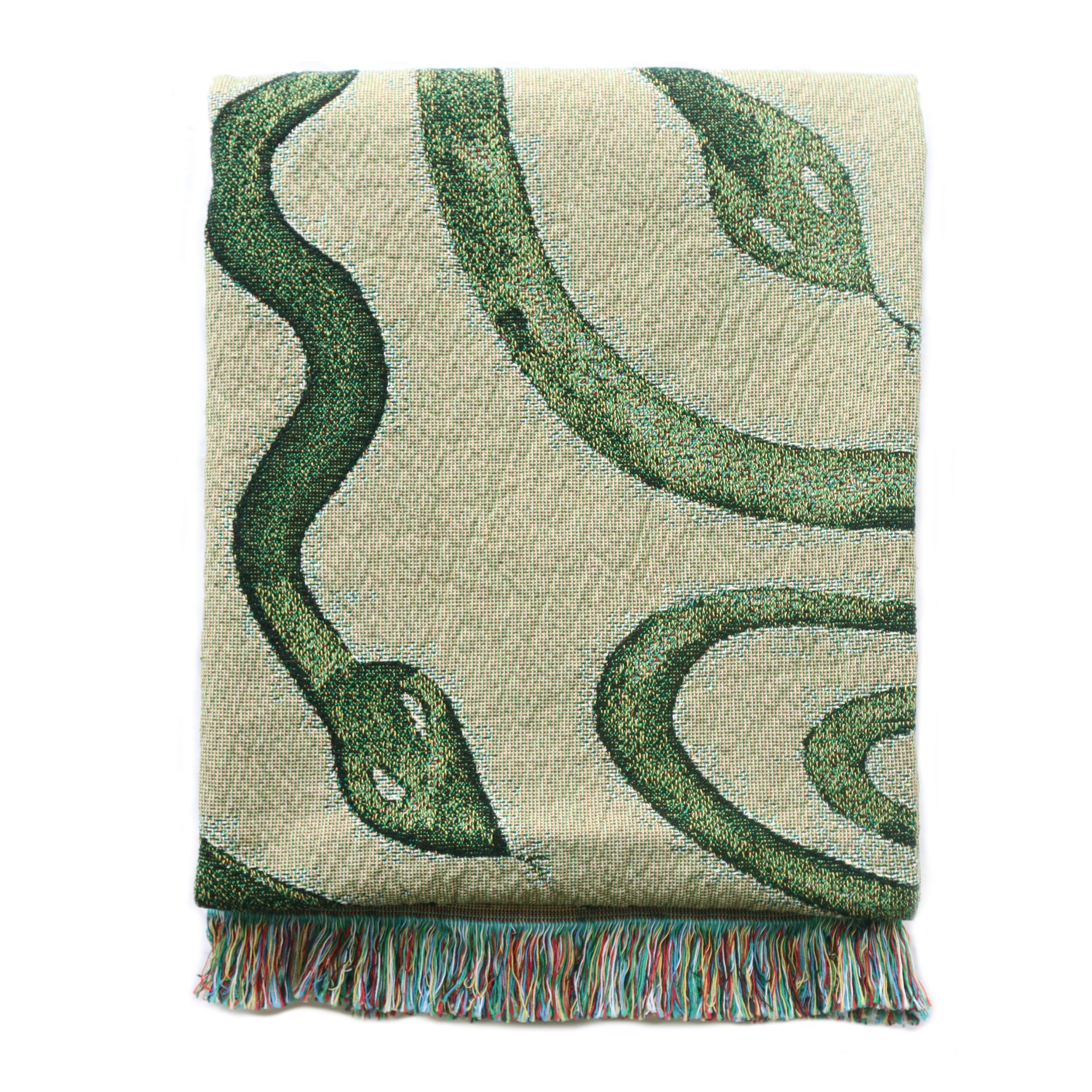 White / Green / Neutrals Snakes Woven Throw - Green, Neutrals, White One Size Rosanna Corfe