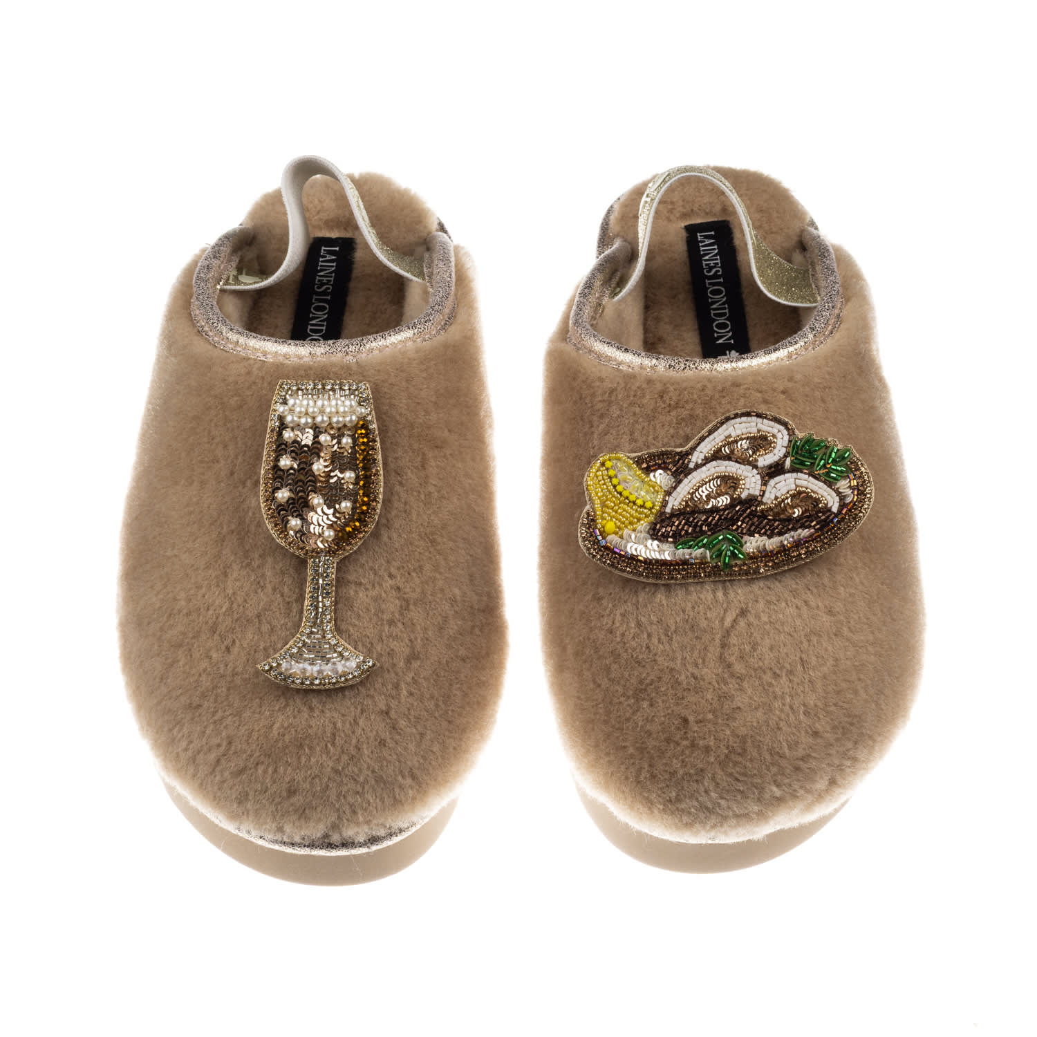 Laines London Women's Gold / Brown / Neutrals Flatform Cloud Slippers With Oysters & Glass Of Fizz Brooches - Toff In Brown