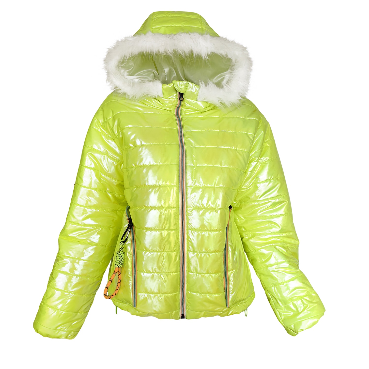 Women's Hooded Metallic Neon Yellow Puffer Coat | Medium | Lalipop Design