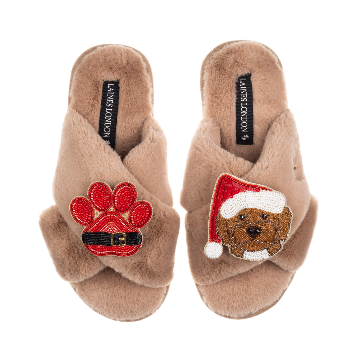 Laines London Women's Brown / Neutrals Classic Slippers With Christmas Brown Cockapoo & Paw Brooches - Toffee In Brown