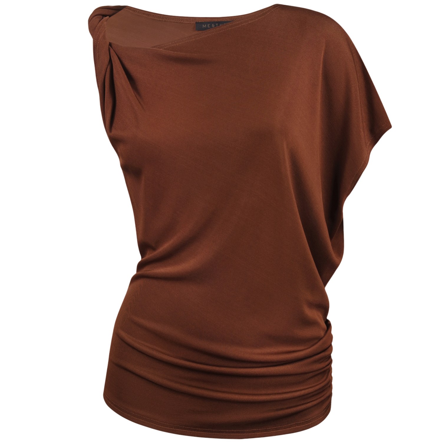 Me&thee Women's Brown Lie Low Copper Rib Twisted Shoulder Top In Brown