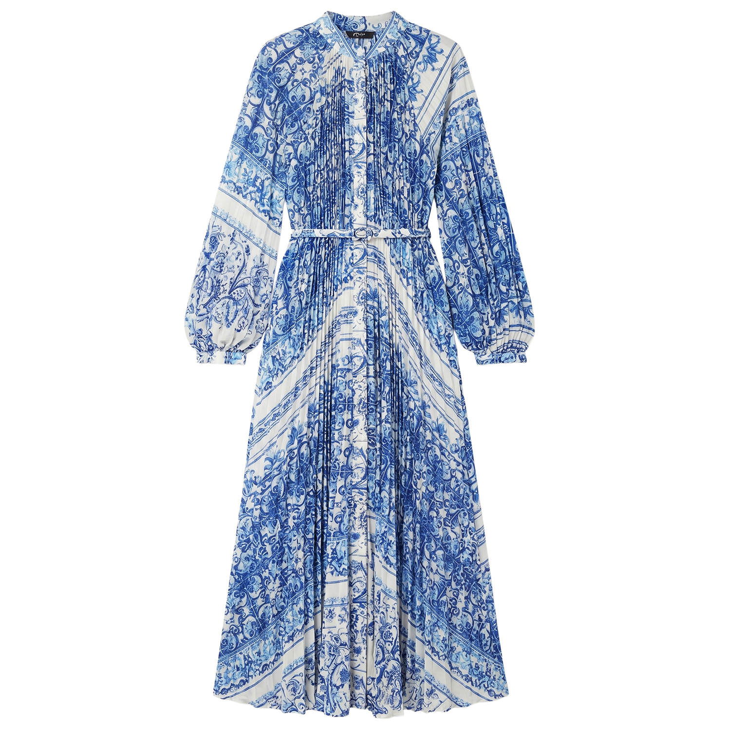 Blue & White Porcelain Print Pleated Midi Dress With Waist Tie by CY  Boutique