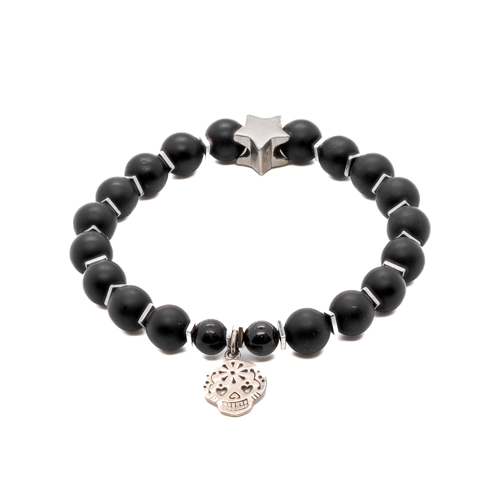 Women’s Black / Silver Sterling Silver Sugar Skull Charm Black Onyx Stone Beaded Bracelet - Black Ebru Jewelry