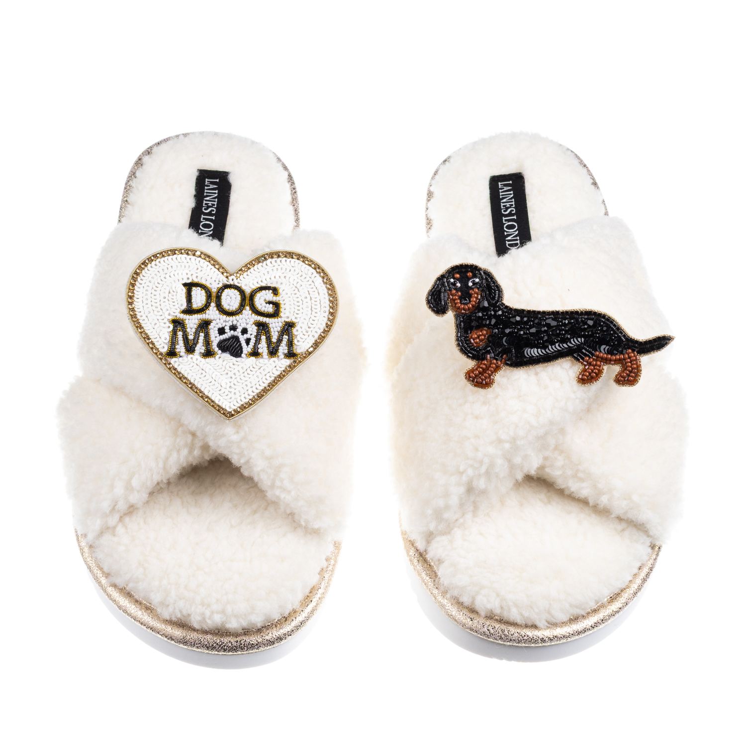 Laines London Women's Neutrals / White Boucle Slippers With Dog Mum/mom & Black & Tan Dachshund Brooches - Cream In White