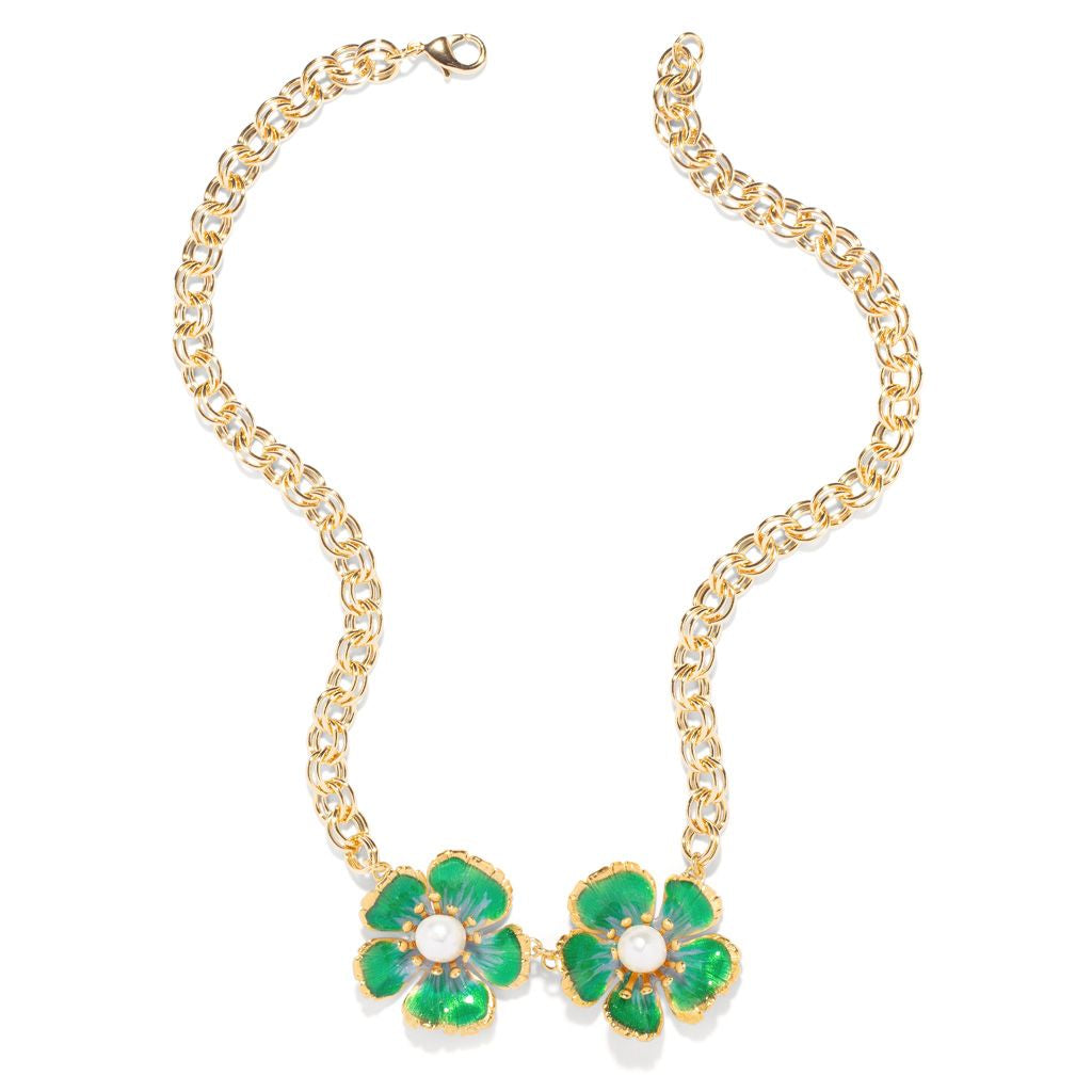 The Pink Reef Women's  Twin Floral Necklace In Greens In Gold