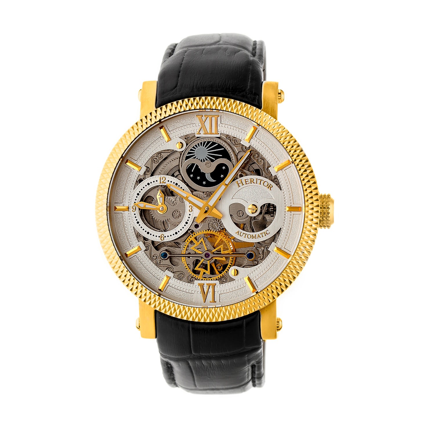 Men’s Gold / Silver Aries Leather-Band Skeleton Watch With Moon Phase - Gold, Silver Heritor Automatic