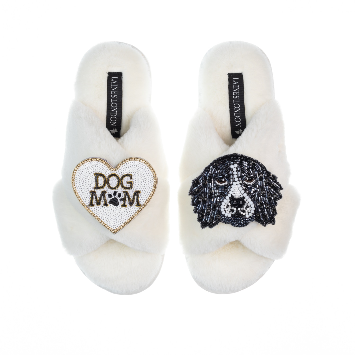 Women’s White Classic Laines Slippers With Bentley The Spaniel & Dog Mum / Mom Brooches - Cream Large Laines London