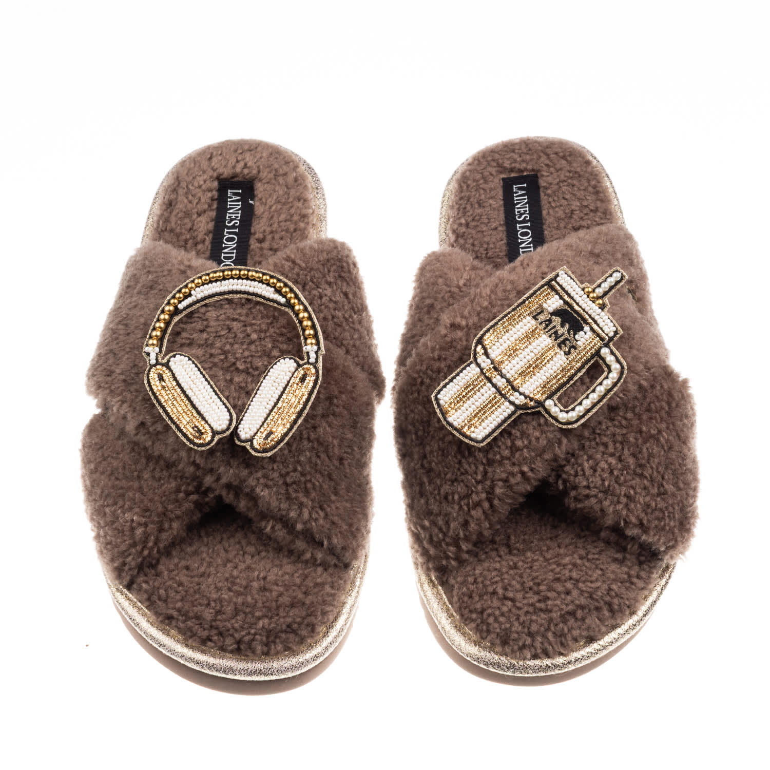 Laines London Women's Brown / Neutrals Laines Neutral Boucle Slippers With Headphones & Quencher Brooches - Mink In Brown