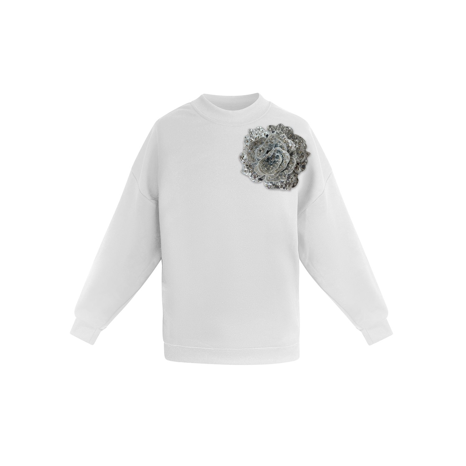 Toma Women's White / Silver White Sweatshirt With Silver Sequin Rose
