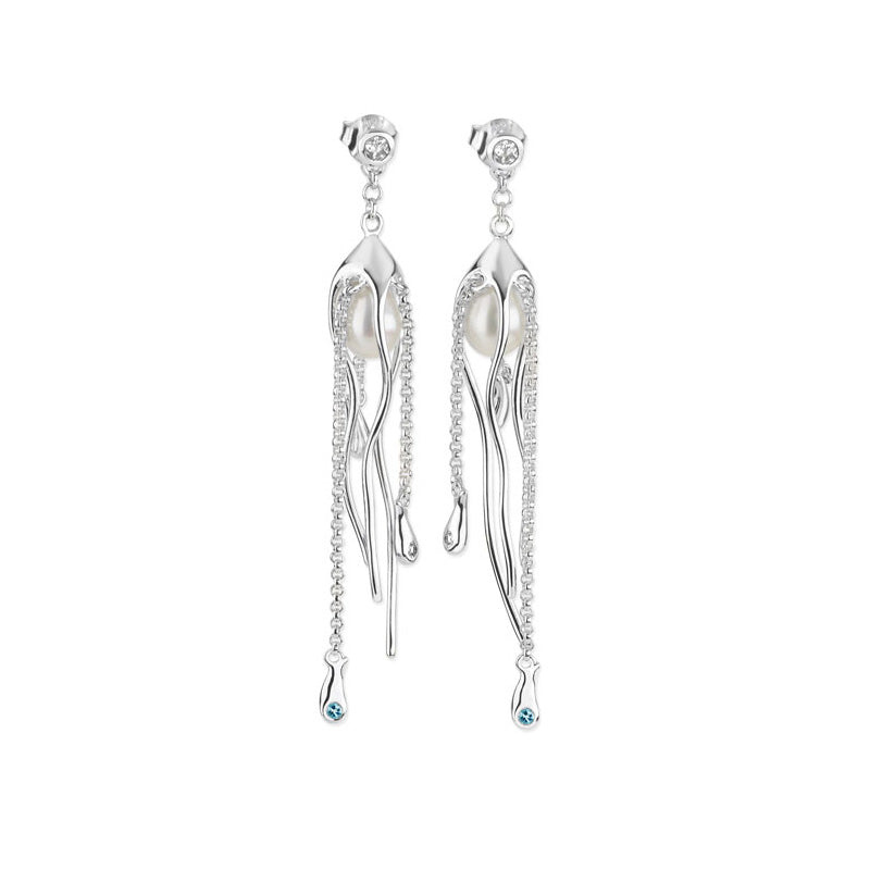 Lucy Quartermaine Women's Silver Pearl Drop Hug Earrings With Blue Swarovski Crystals In Metallic