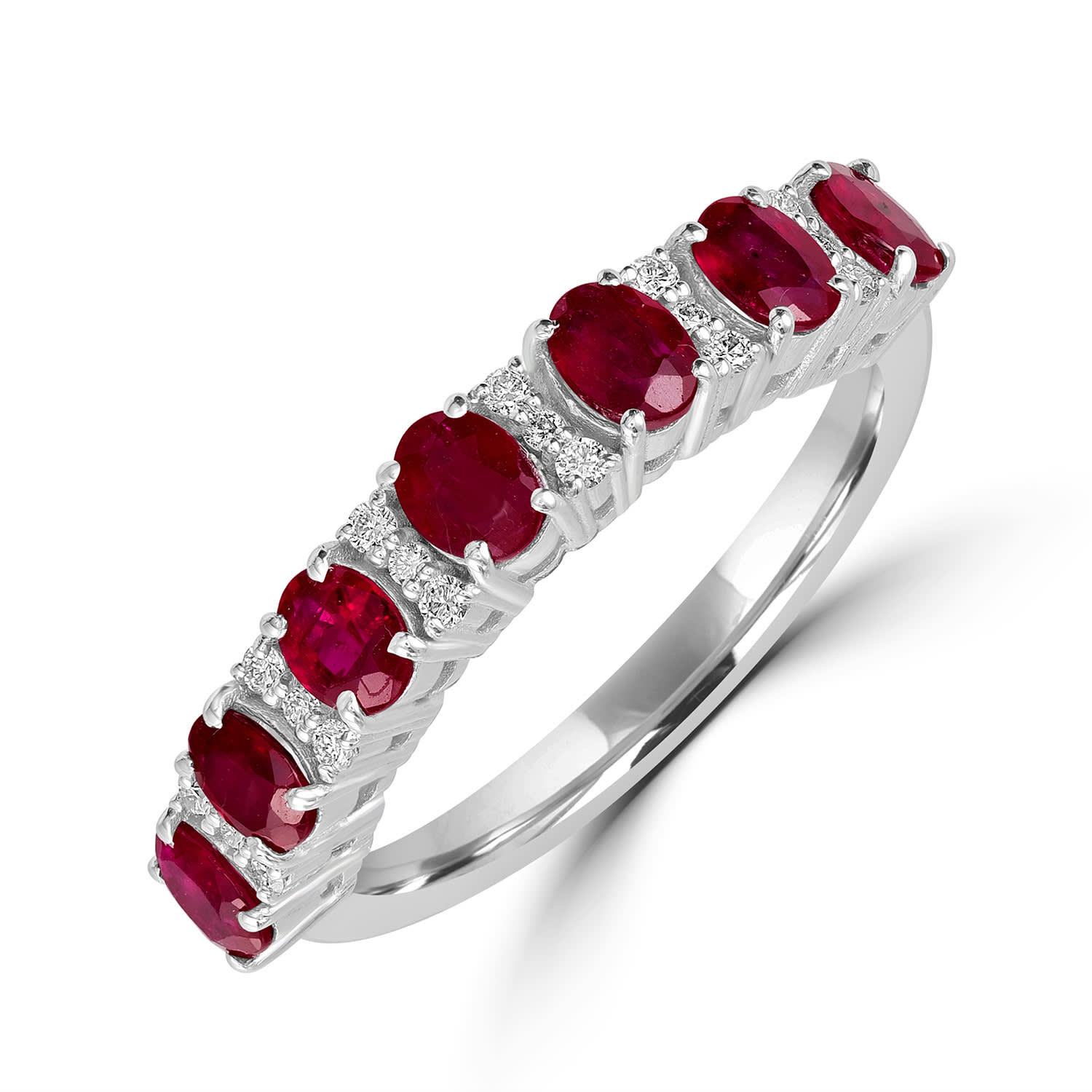 Artisan Women's White / Red White Gold Prong Set Ruby Gemstone Pave Diamond Eternity Band Ring