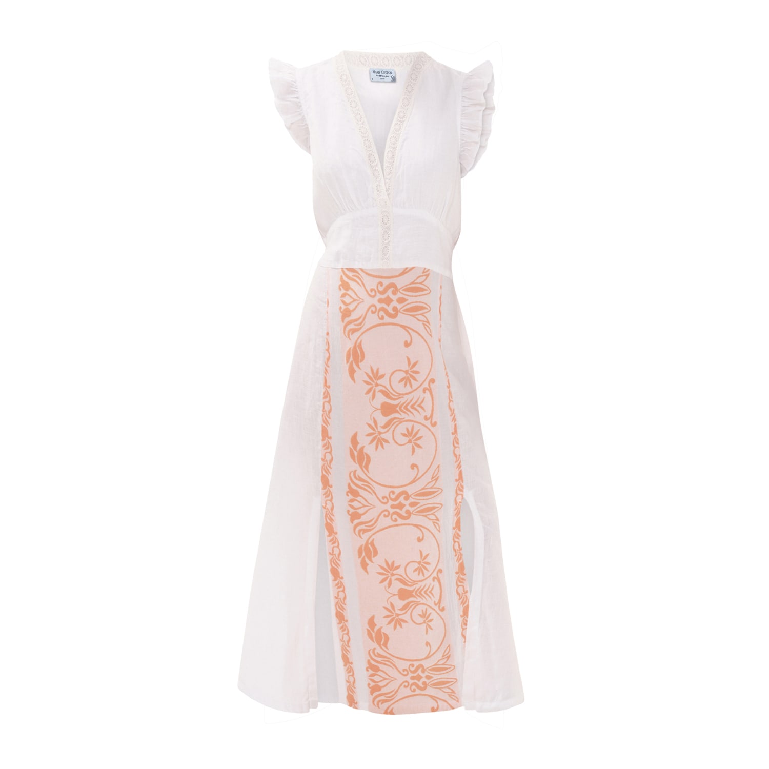 Haris Cotton Women's Lace Insert Linen Dress With Embroidered Cotton Details And Split Hem White Orange In White