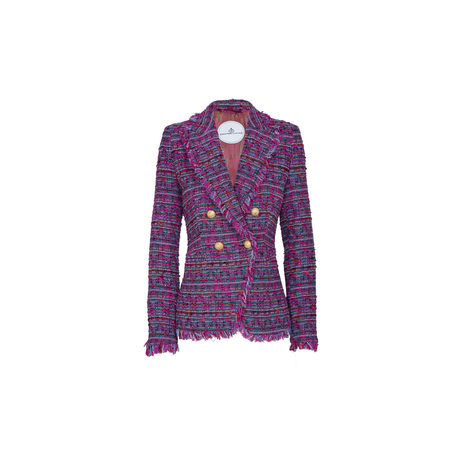 The Extreme Collection Women's Pink / Purple Double-breasted Tweed Berenice Blazer In Multicoloured Weave With Frayed Edges