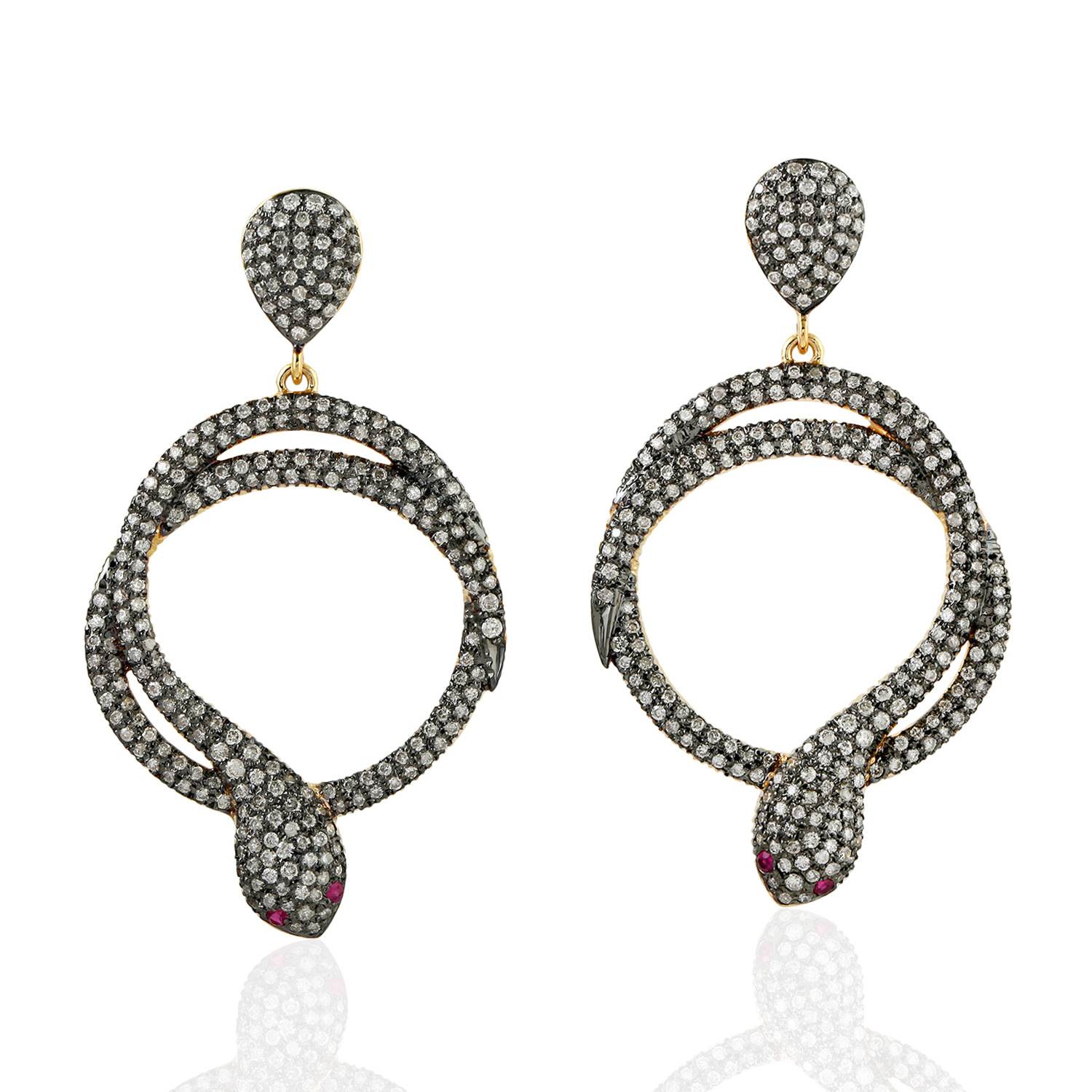 Artisan Women's Black / White / Gold Natural Diamond & Ruby Snake Dangle Earrings In 18k Gold Jewelry In Multi