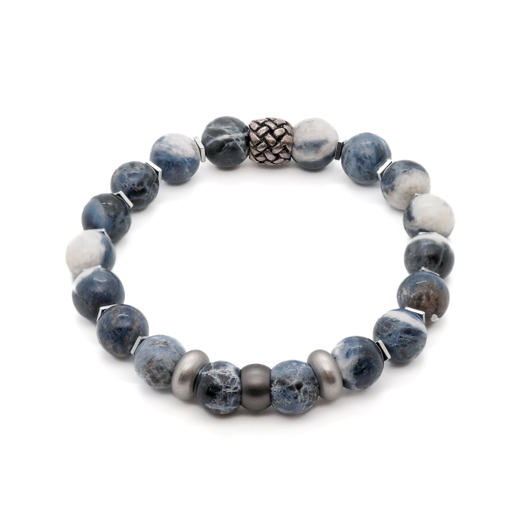 Blue / White / Silver Sodalite Stone Mindfulness Men’s Beaded Bracelet - Blue Ebru Jewelry