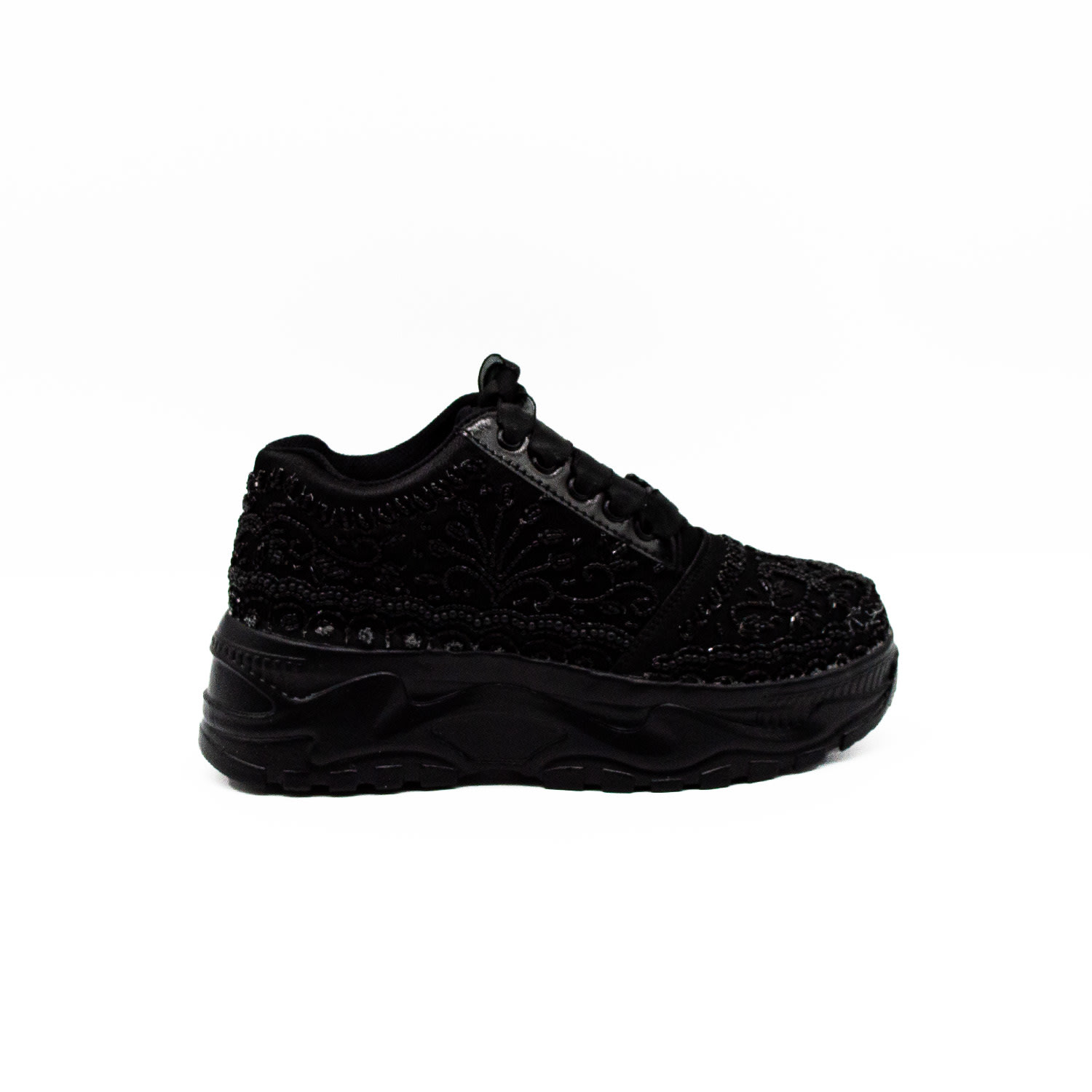 Rettrose Women's Black The Iris Luxury Noir Satin Handmade Embellished Trainers In Black