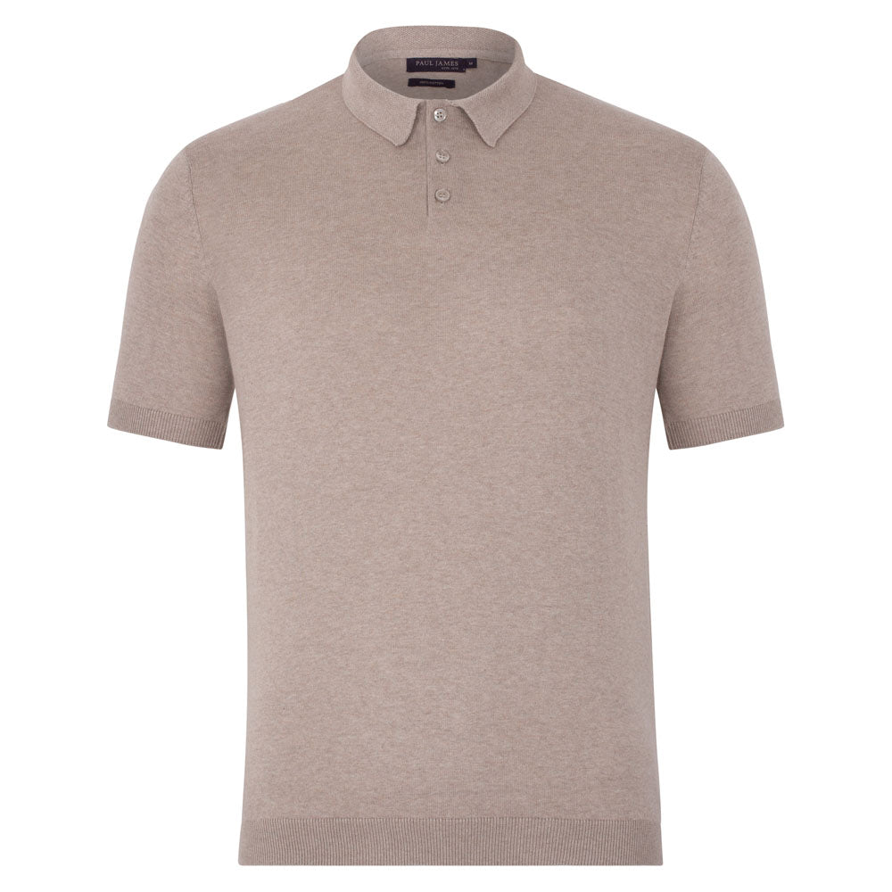 Neutrals Mens Ultra Fine Cotton Earl Short Sleeve Polo Shirt - Fawn Extra Large Paul James Knitwear