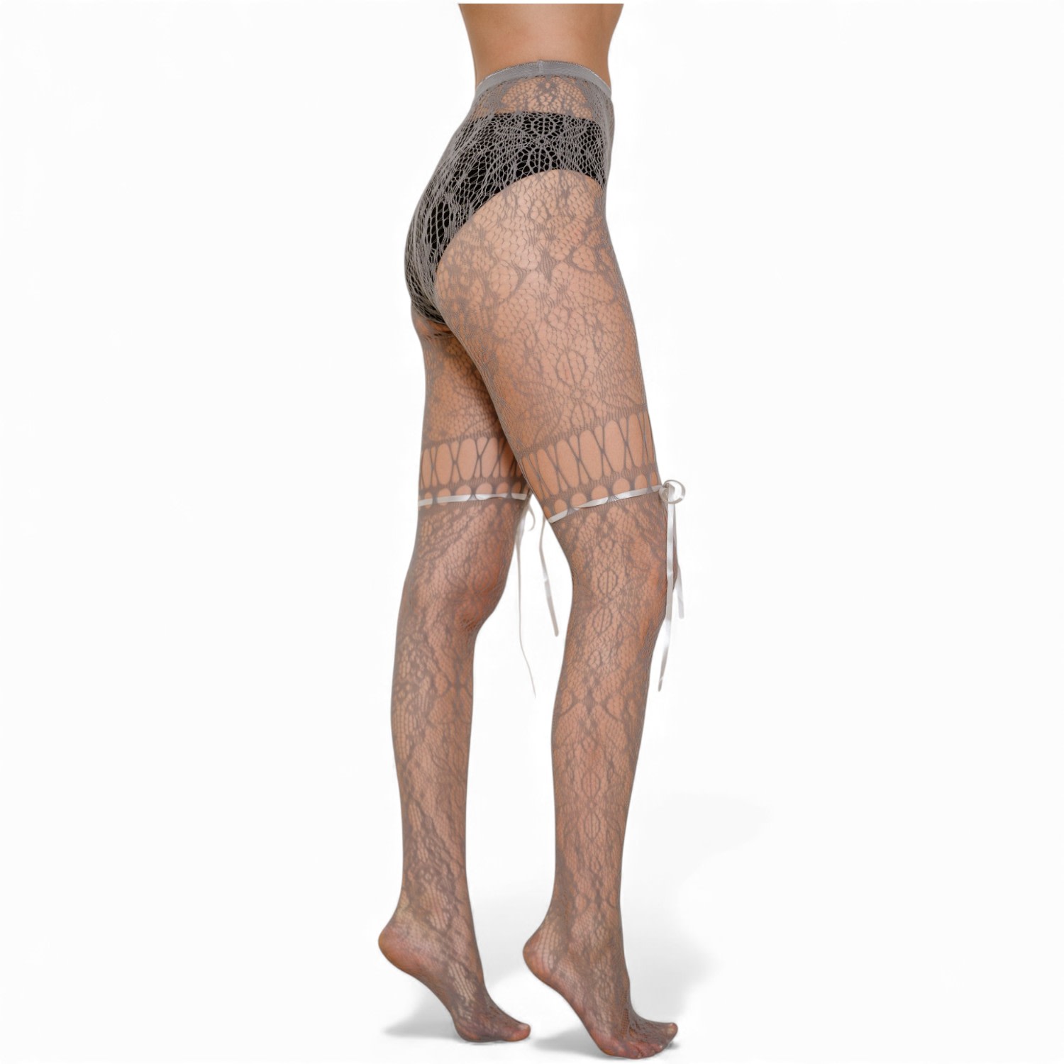 High Heel Jungle By Kathryn Eisman Women's Chevonne Lace And Satin Fishnet Tights Grey In Gray