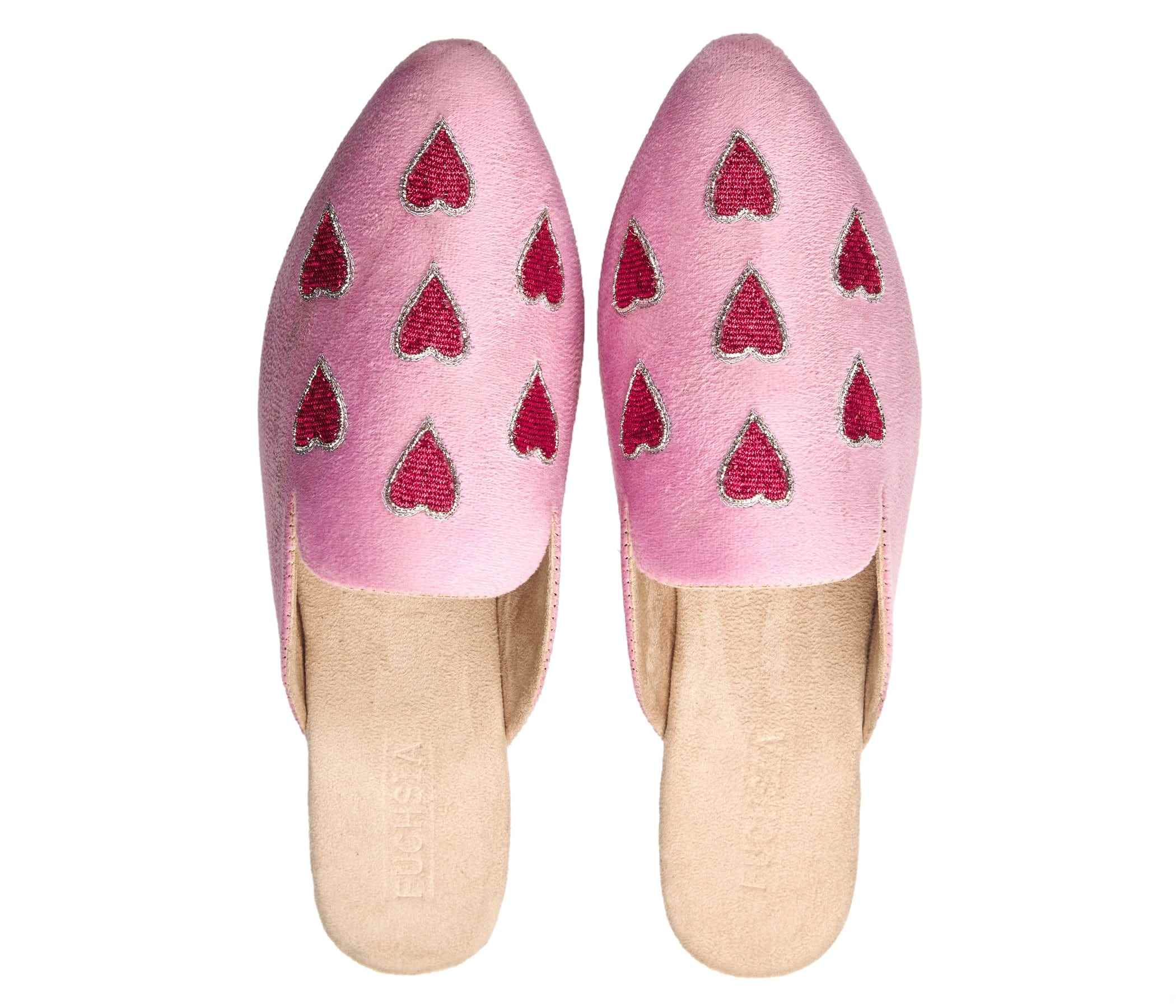 Red Heart - Handmade Heart Embroidered Pink Velvet Mules By