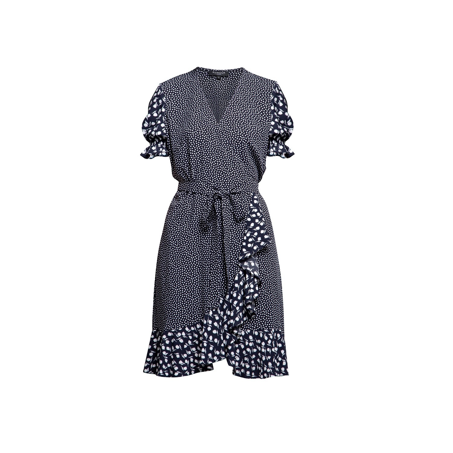 Women’s Black / White Myla Ruffled Wrap Dress With Short Sleeves In Floral Print Extra Small Rumour London