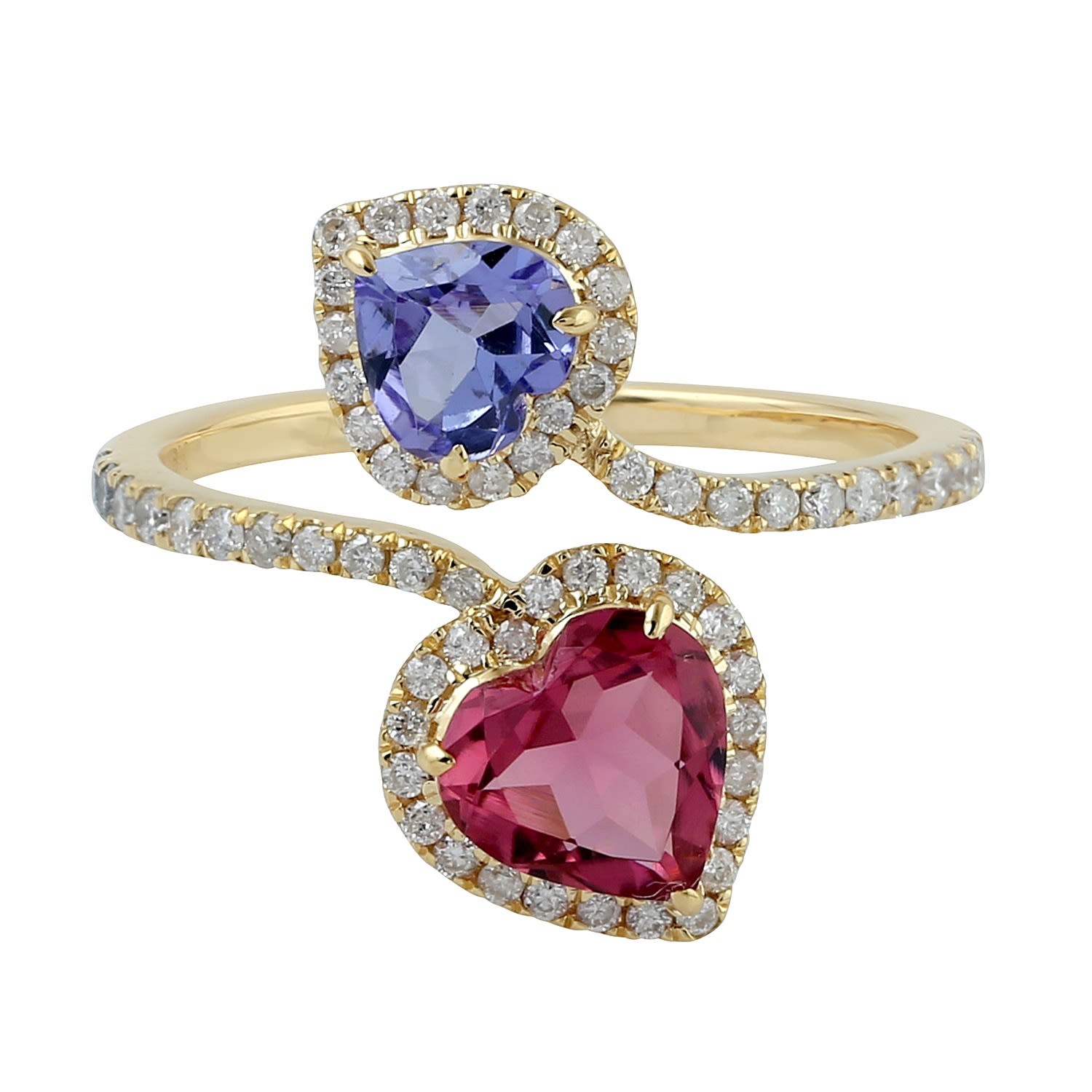 Women’s Pink / Purple / Gold 18K Yellow Gold Pave Diamond Tanzanite Tourmaline Heart Ring Handmade Jewelry Artisan