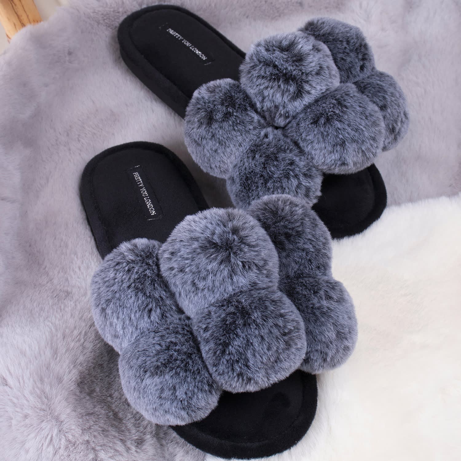 Dolly Fun Pom Slider Slippers In Black by Pretty You